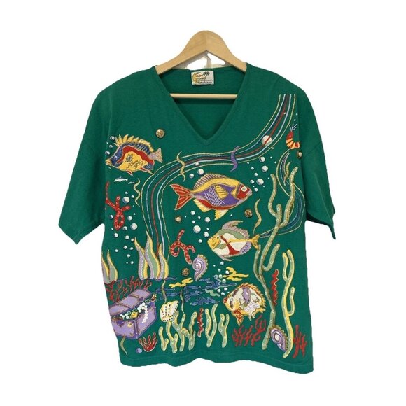Vtg Copa Cabana Womens T shirt L Green Fish Underwater Treasure 80s Embellished - Picture 2 of 11